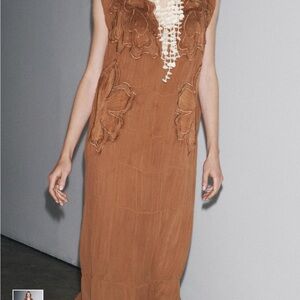 Zara Brown Sleeveless Maxi Dress with Floral Appliqué